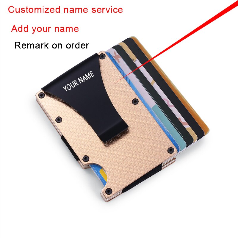 Slim Aluminum RFID Magic Wallet Carbon Fiber Card Holder fit 6 Bussiness Cards for Women& Mens: Golden  add name