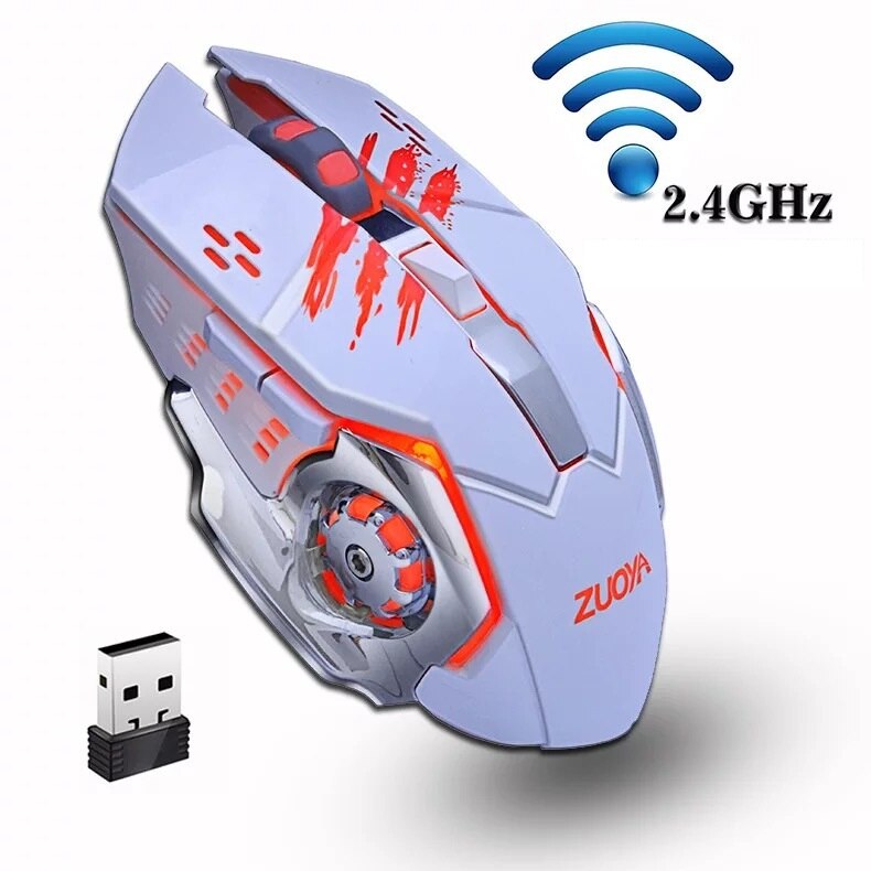 AZZOR Charged Silent Wireless Mouse Mute Button Noiseless Optical Gaming Mice 2400dpi Built-in Battery For PC Laptop Computer: white