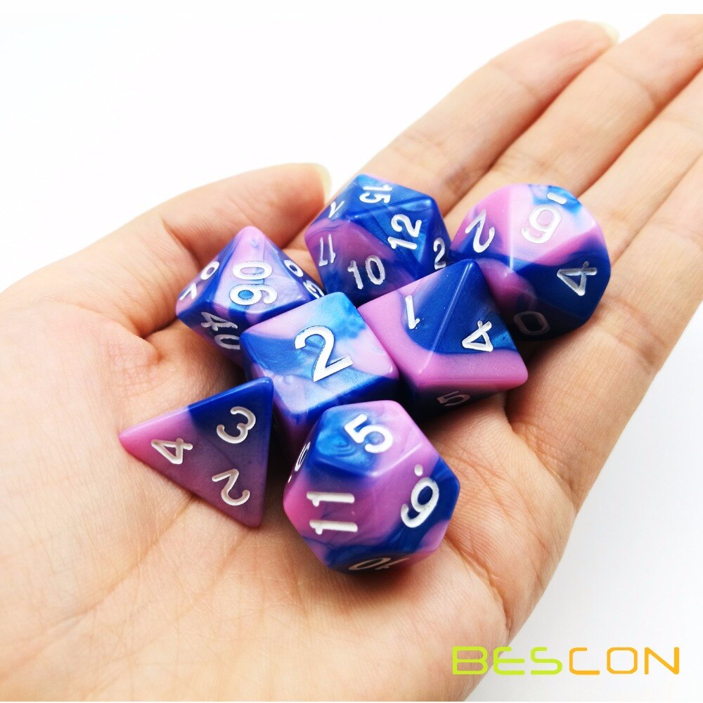 Bescon Gemini Polyhedral Dice Set Myosotis, Two-tone RPG Dice Set of 7 d4 d6 d8 d10 d12 d20 d% Brick Box Pack