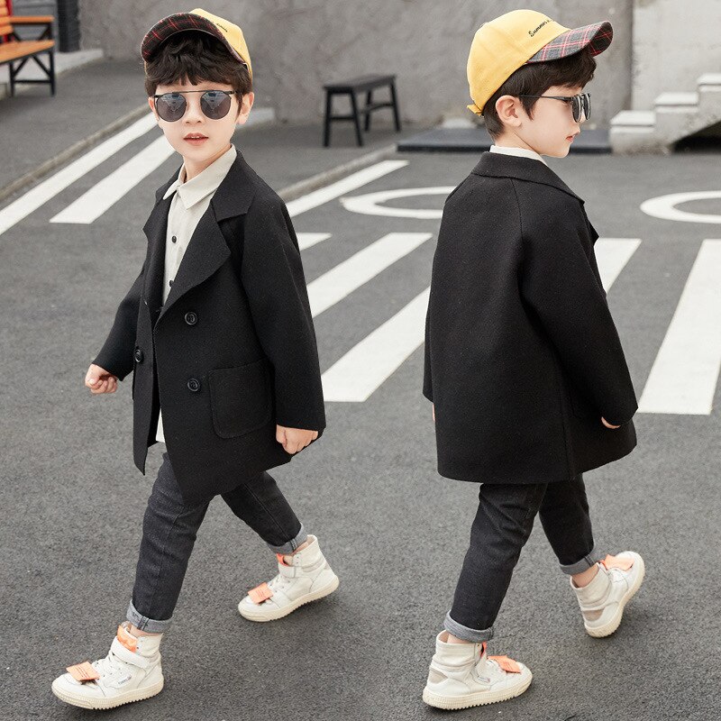 Casacos de inverno meninos sólido duplo breasted menino trench coat lapela outono crianças outerwear casacos de lã casaco para meninos 5 6 8 10 12 anos