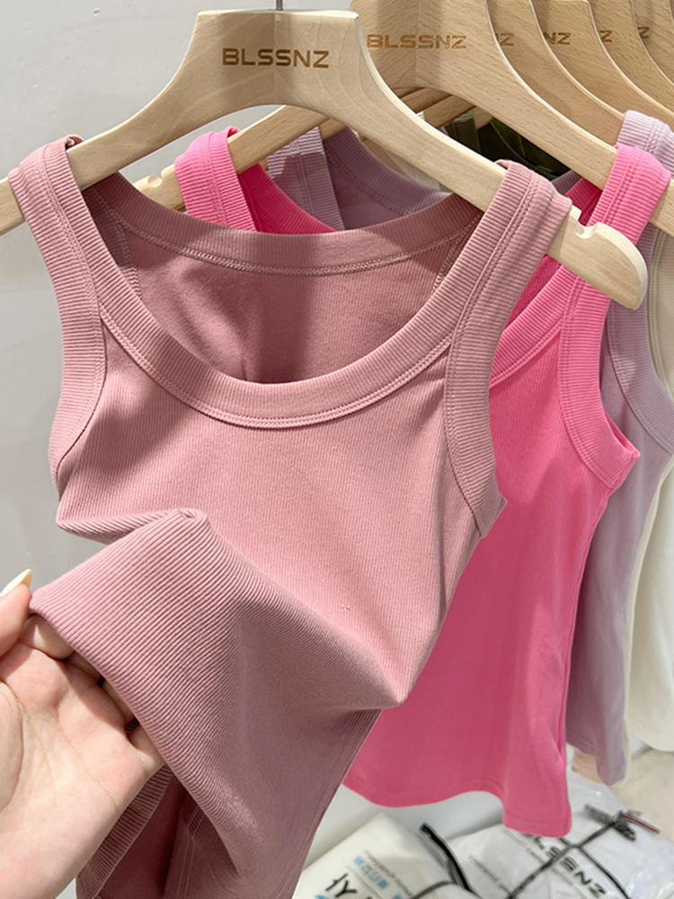 zjaiss Women Solid Round Neck Ribbed Tank Top Camisole Women Summer Basic Elastic Tank Top O Neck Solid Tank Top