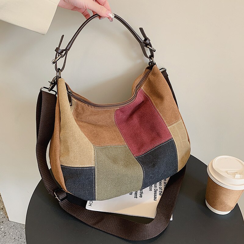 Vrouwelijke Mode Canvas Grote Capaciteit Slouchy Schoudertas Vrouwen Casual Grote Maat Zacht Katoen Patchwork Weekender Handtas