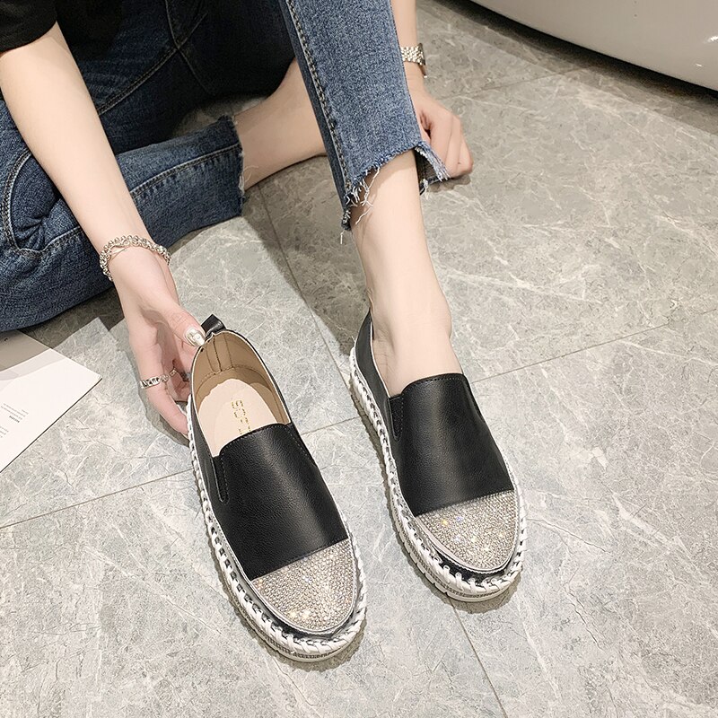 Rimocy Shining Crystal Plus Size 36-43 Loafers Women Spring Summer Slip on Platform White Sneakers Shoes Woman Casual Flats