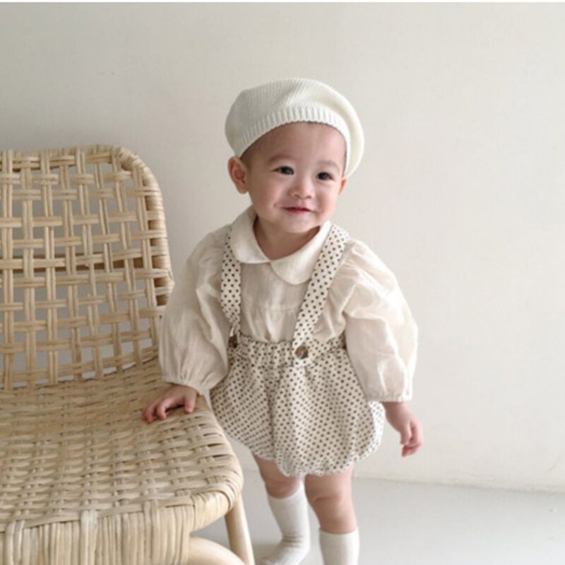 Koreańnarty styl jesień maluch dziewczynka chłopiec kropka romper noworodka dziewczynka kombinezon bez rękawów bawełna dziewczynka chłopiec ubrania