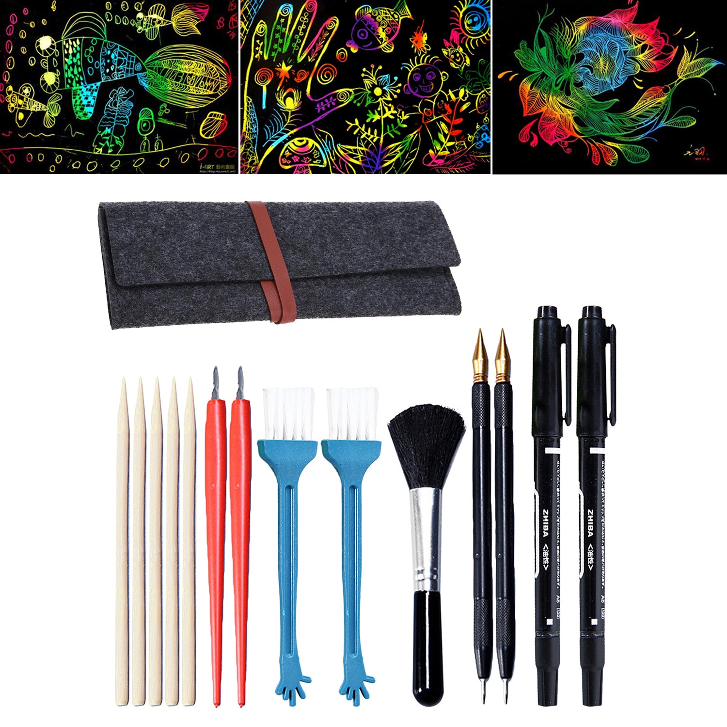15 stk maleri tegning ridse værktøjer sæt med bambus pinde skraber ridse pen børste opbevaringspose til børn diy ridse legetøj