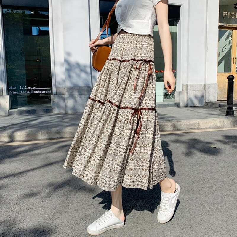 Faldas de estilo Retro para mujer, étnico, cintura alta elástica, Tencel, algodón, lino estampado, para vacaciones en la playa, verano,