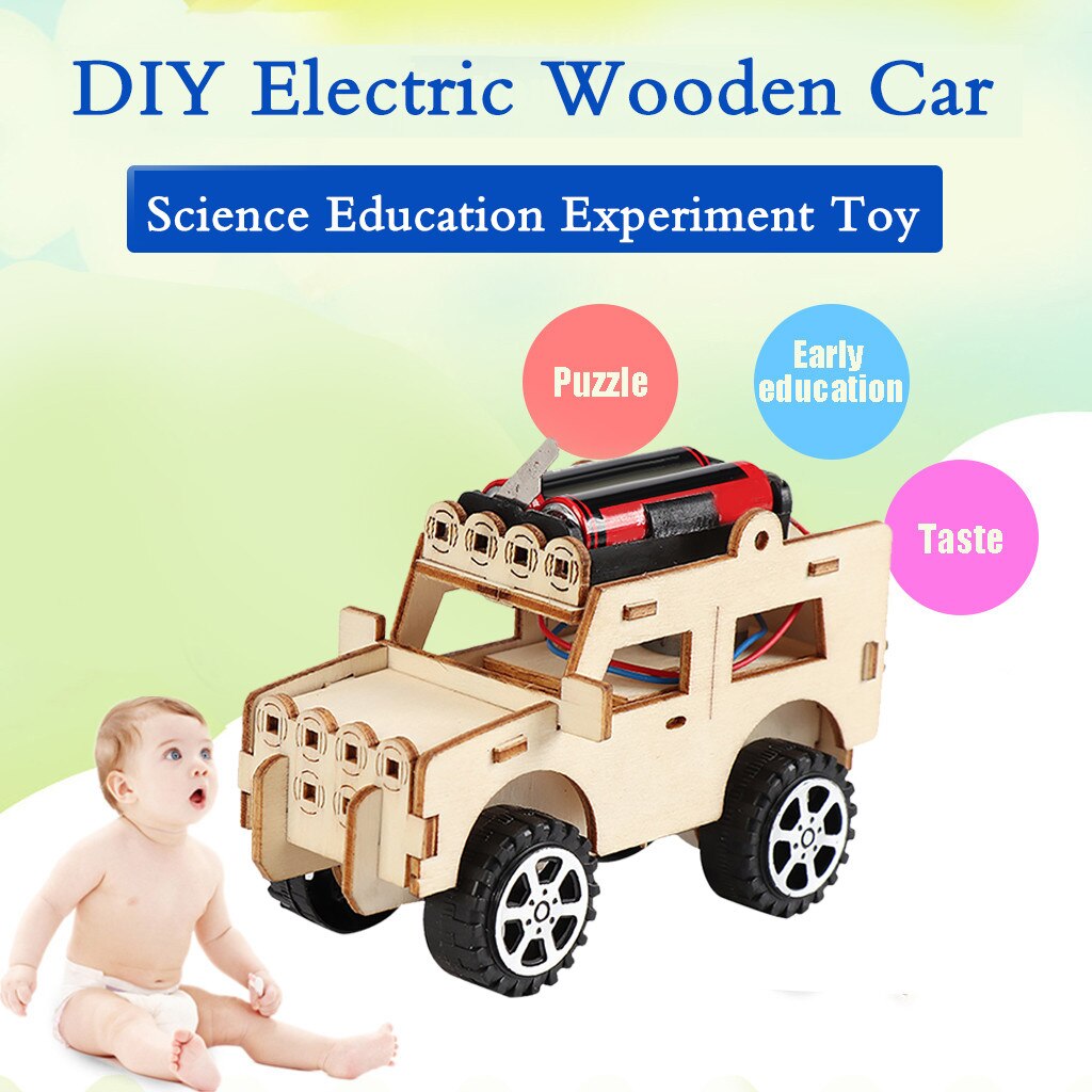 Compuda Kids Diy Houten Elektrische Auto Kit Experiment Onderwijs Kid Puzzel Model Speelgoed Speelgoed Voor Kinderen