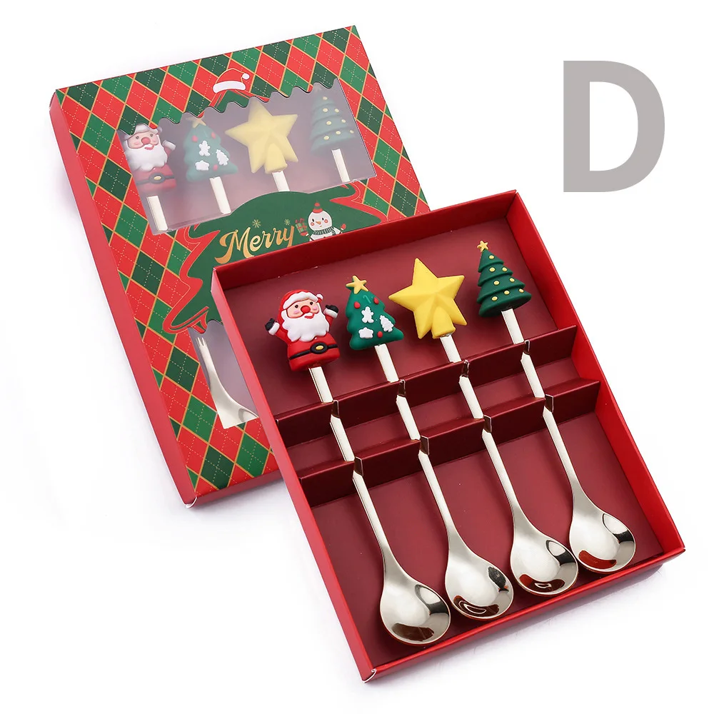 4 stks/set Kerstcadeau Goud Zilveren Lepel Vork Set Elanden Kerstboom Decoratie Dessert Scoop Fruit Vork Koffielepel Bestek: Paars