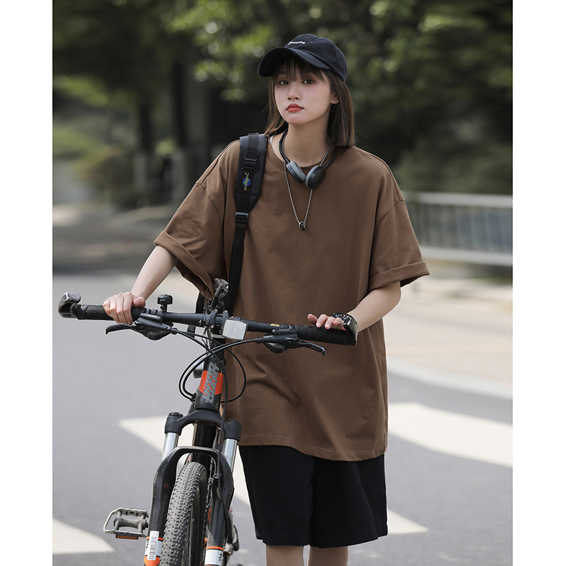 Camiseta informal de algodón puro de gran tamaño para mujer, ropa de calle japonesa de talla grande 5XL, camiseta de manga corta de Color sólido a la: XL / COFFEE