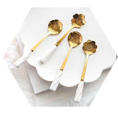 4Pcs Rvs Lepel Set met Keramische Handvat Bloemen Shape Ice Thee Koffie Lepel Dessertlepel Keuken Drinken Servies: White gold