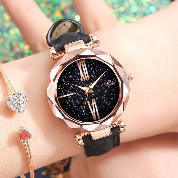 Relogio Feminino Women Starry Sky Watches Magnetic Mesh Belt Watch Women Dress Luminous Quartz Wristwatch Zegarek Damski: E Black