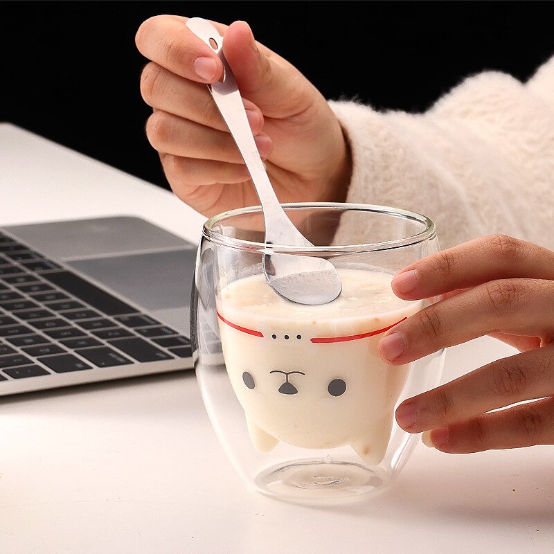 Dubbellager kaffemugg söt shiba inu glas tecknad barnmjölkkopp dam mjölk tekopp nät röd shiba inu kul glas