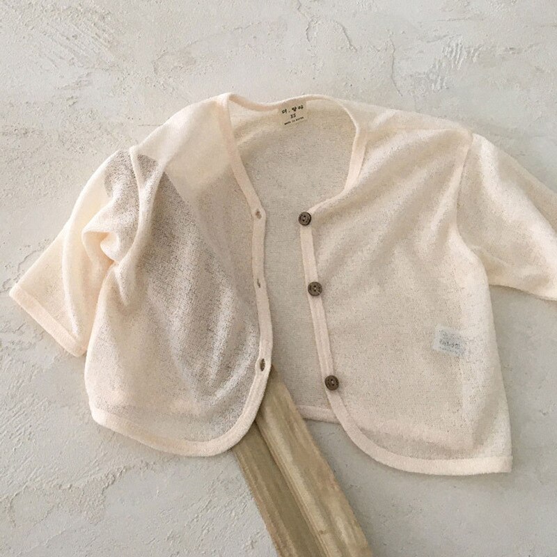 Cárdigan de algodón para bebé, abrigo Delgado suelto de Color sólido para niños, ropa antimosquitos, chaqueta Floral para bebé y niña, novedad de primavera y verano: beige white / 3T   100cm