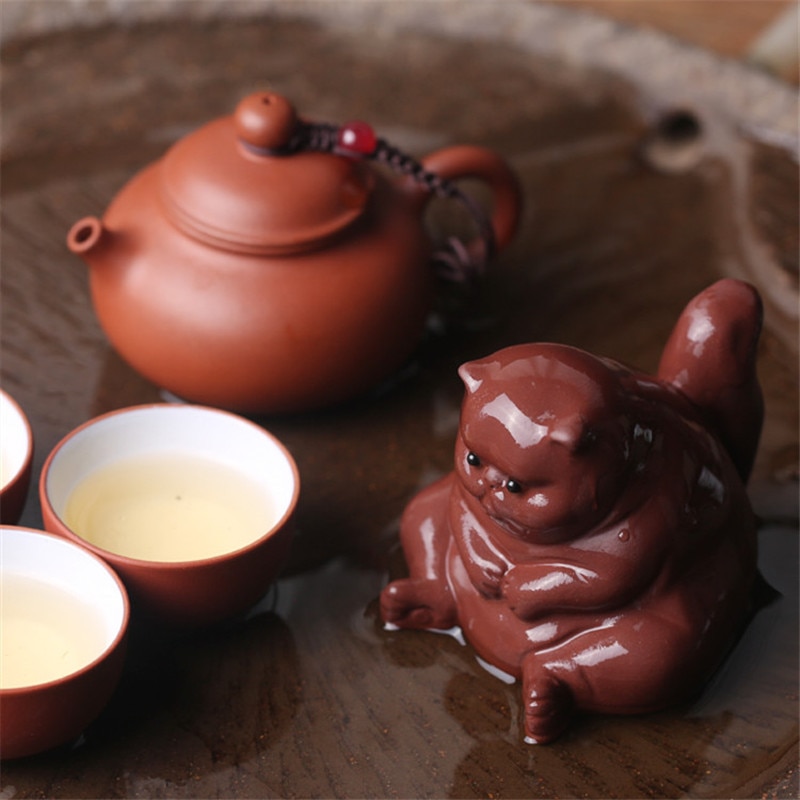 Ceramic Animal Ornament Purple Clay Tea Pet Cute Cat Tea Play Kung Fu Car Crafts Tea Set Home Car Decoration