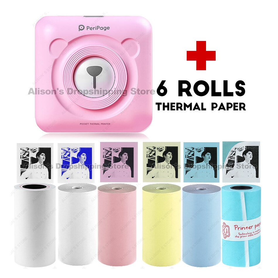Pocket Printer 58 Mm Mini Draagbare Bluetooth Draadloze Paper Photo Printer Pocket Thermische Afdrukken Usb Verbinding Impresoras Fotos: Pink-6-ROLLS Paper