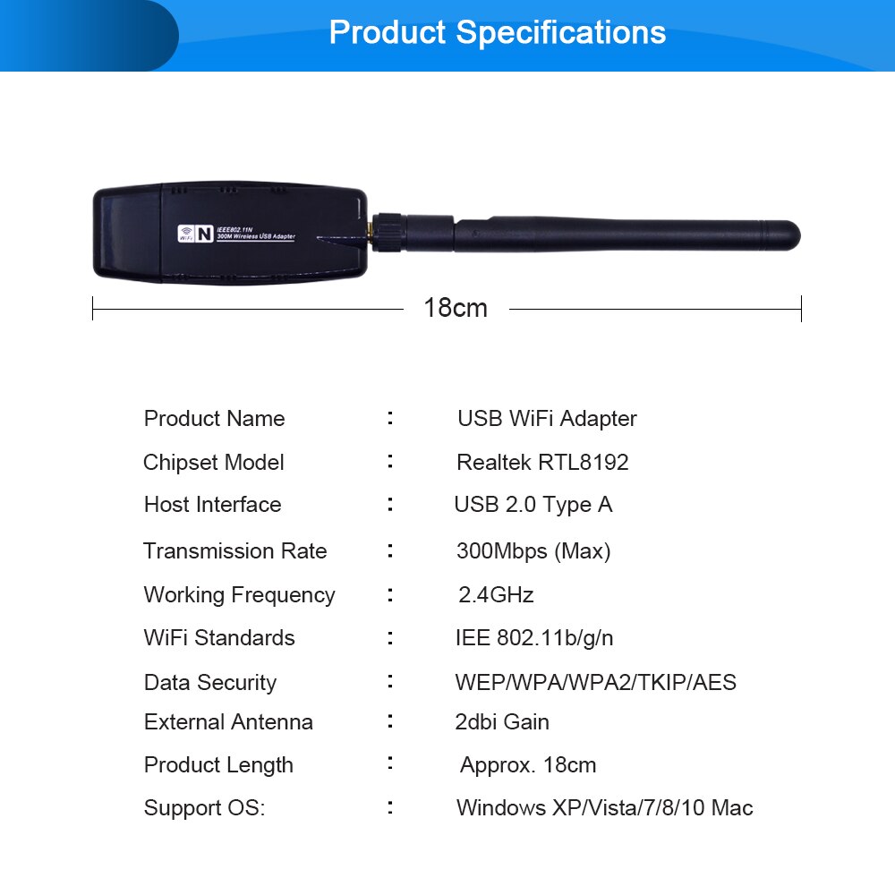 Carte réseau sans fil CHIPAL 300Mbps RTL8192 adaptateur WiFi USB 802.11n récepteur Wi-Fi antenne AP 3dBi pour PC Windows Linux MAC