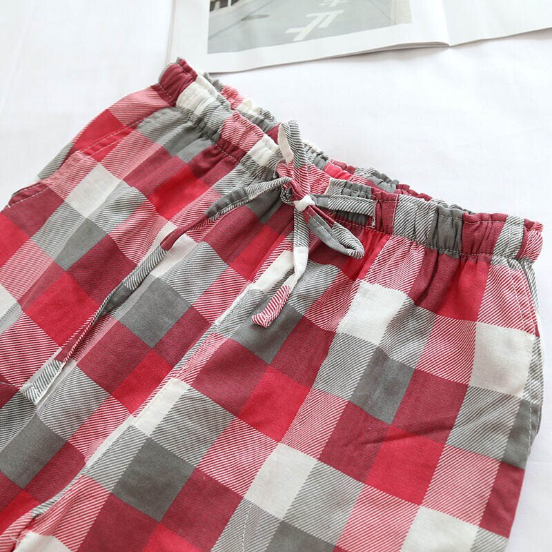 Spring & Fall Men And Women Lovers' Sleep Bottom Couples Gauze Cotton Plaid Loose Sleep Pants Elastic Waist Homewear Pants