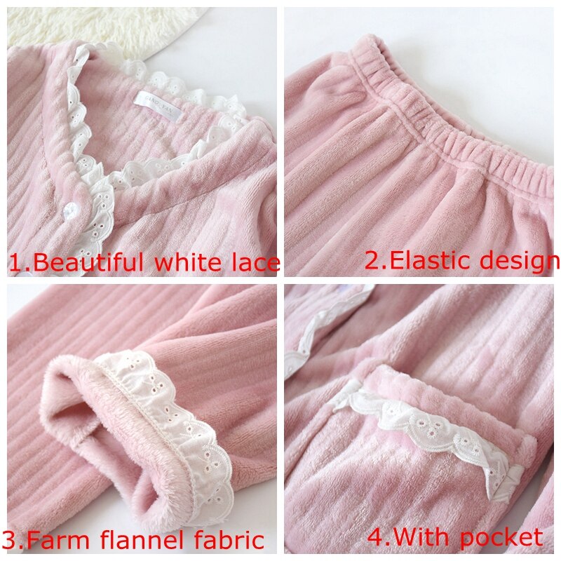 Julis sang varm flannel pyjamas sæt kvinder vinter efterår pyjamas blonder pink nattøj tykt blødt hjemmetøj til damer