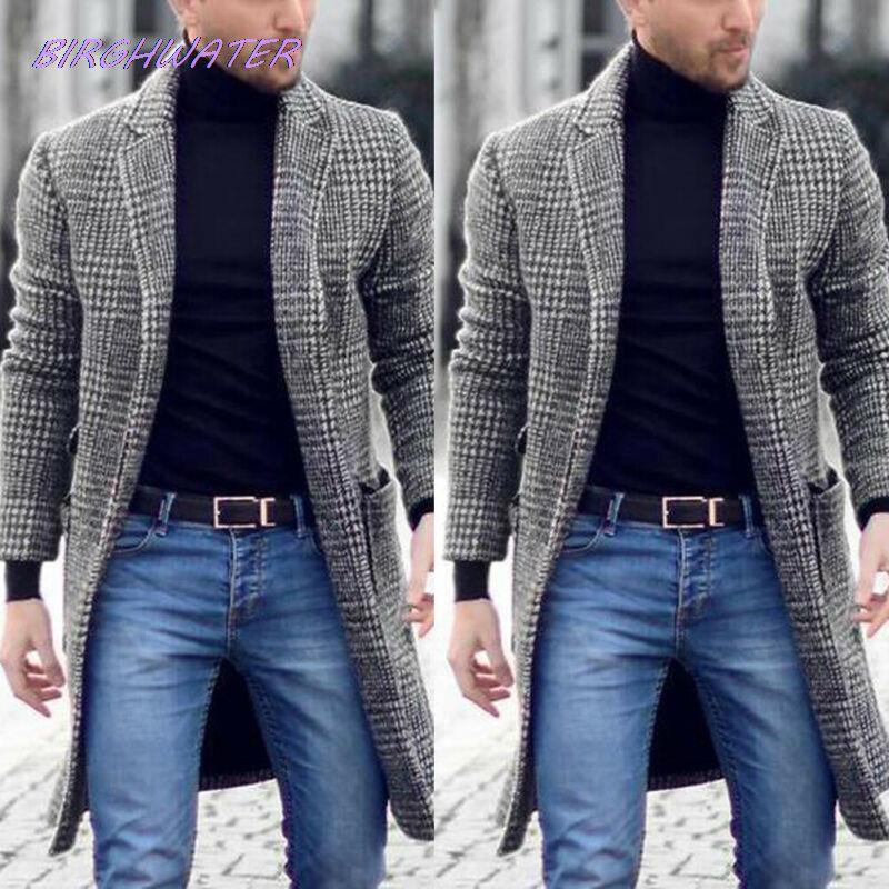 Abrigos de mezcla de lana para hombre, ropa cálida informal a cuadros coreanos, abrigo largo de negocios Vintage, Otoño,