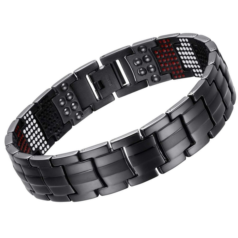 FINE4U B390 Double Row Strength 4 Element Titanium Magnetic Therapy Bracelet for Arthritis Pain Relief: Black1