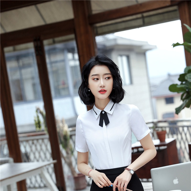 2018 novos estilos de verão manga curta moda retalhos chiffon blusas & camisas para mulheres negócios trabalho wear tops roupas brancas