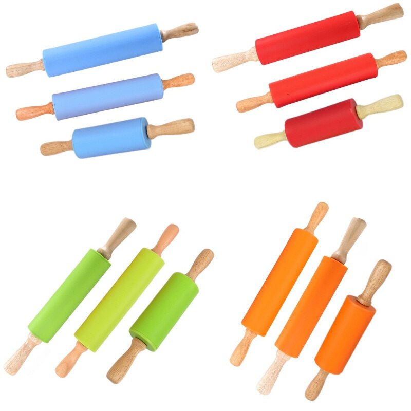 3 Sizes Non-Stick Wooden Handle Silicone Rolling Pin Pastry Dough Flour Roller Kitchen Baking Cooking Tool Household Rolling Pin