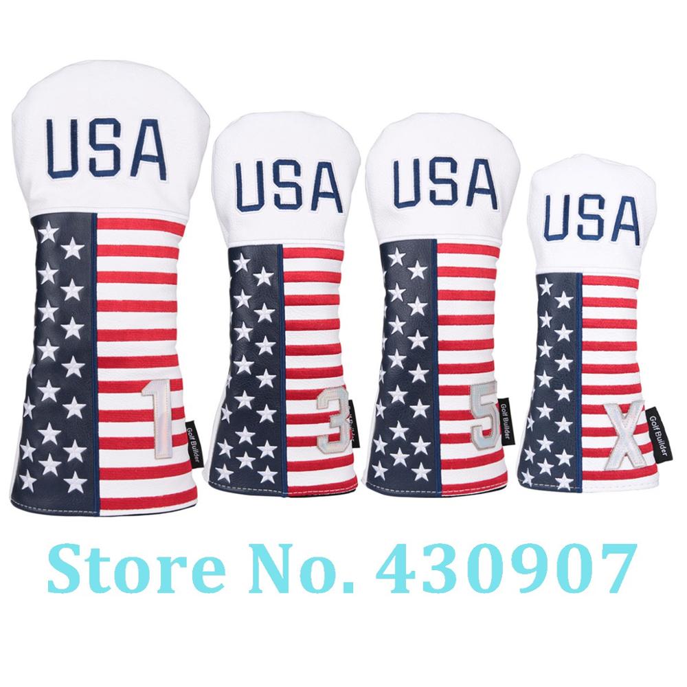 White PU Leather with USA Embroidery and 1/3/5/X Golf Club Driver Fairway Wood Hybrid Head Cover Golf Wood Headcover