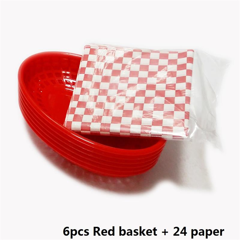 6Pcs Snelle Mand Plastic Resturant Dog Mand 24Pcs Gecontroleerd Liners Hamburger Brood Frieten Dog dienblad: 6pcs Red Basket set