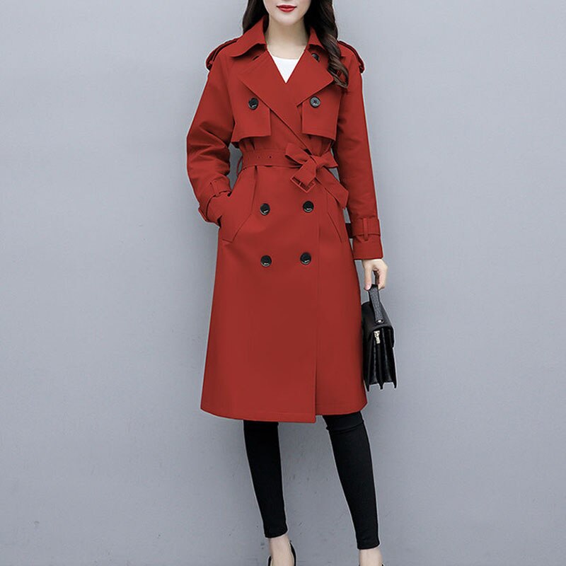Temperament Women Trench Coat Medium-length Solid color Bouble-breasted Spring Autumn Women Trench Coat JK116: red / XL
