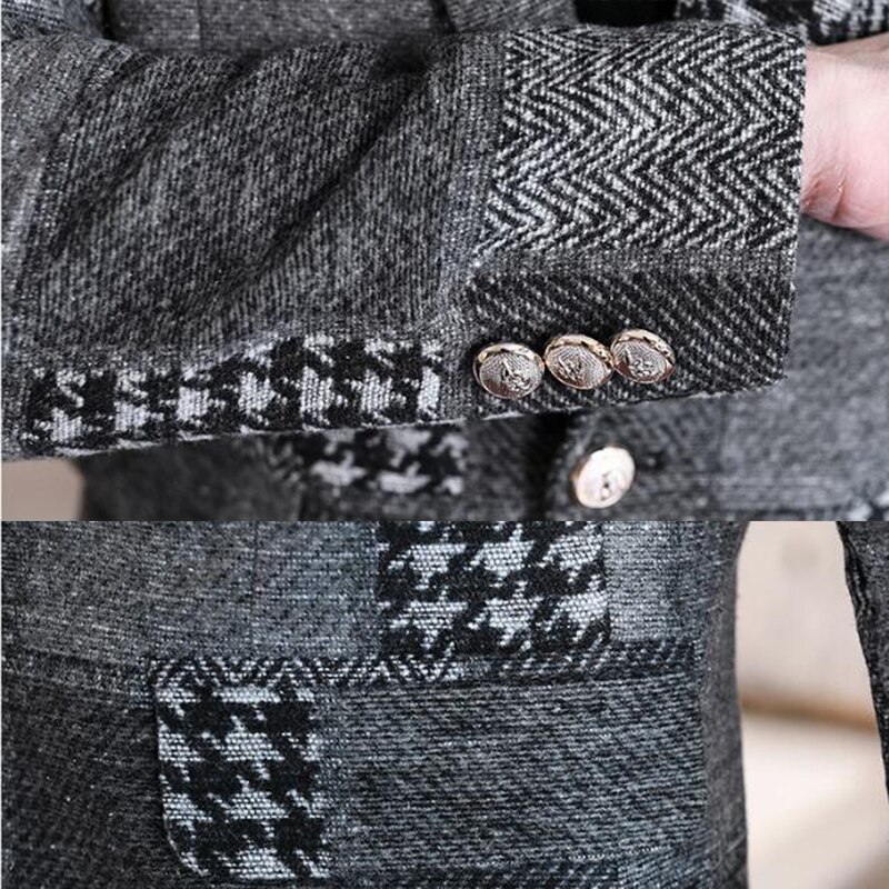 Mens Stylish Blazer Thick Warm Suit Jacket Men Woolen Coat With Plaid Stitching Blazer Hombre Slim Fit Prom Blazers For Men