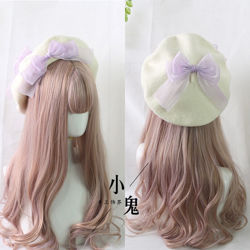 Muticolors Lolita berety mieszanka wełny kapelusz kobiety kokardka dziewczęca styl marynarski elegancki, szykowny czapka studencka: violet bow