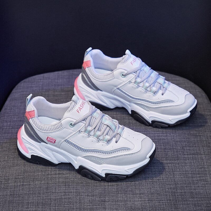 Fujin-zapatillas de deporte con plataforma gruesa para mujer, zapatos informales, transpirables, cómodos, a la , Ins: Gris / 37
