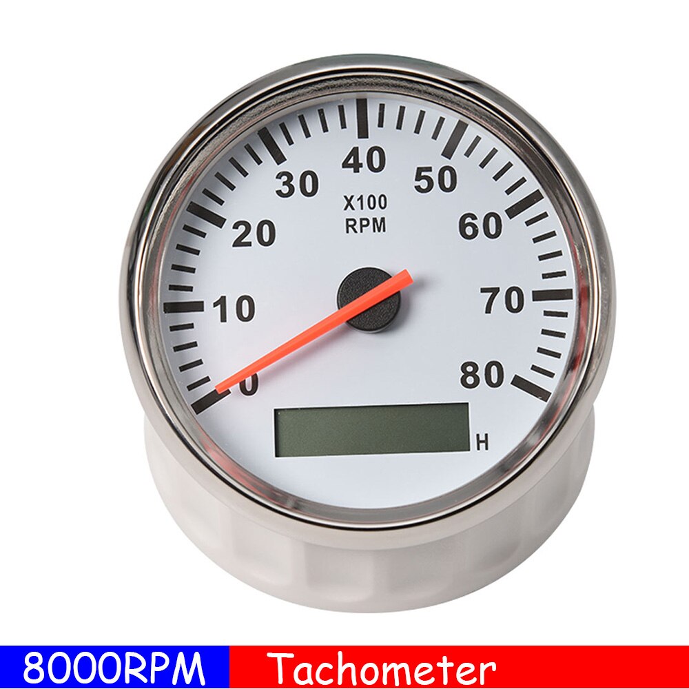 85mm Car Boat Tacho Sensor Marine Tacho Meter with LCD Hourmeter 3000 4000 6000 8000 RPM Boat Tachometer 12V/24V Red Backlight: 8KRPM WS