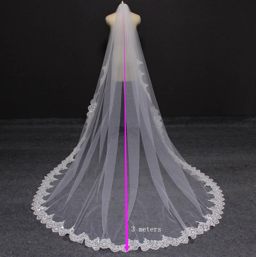 Velo de novia largo con borde de encaje parcial, lentejuelas y purpurina, 3 m unidades , con peine, color blanco marfil, 300cm velos de novia largos, accesorios de boda