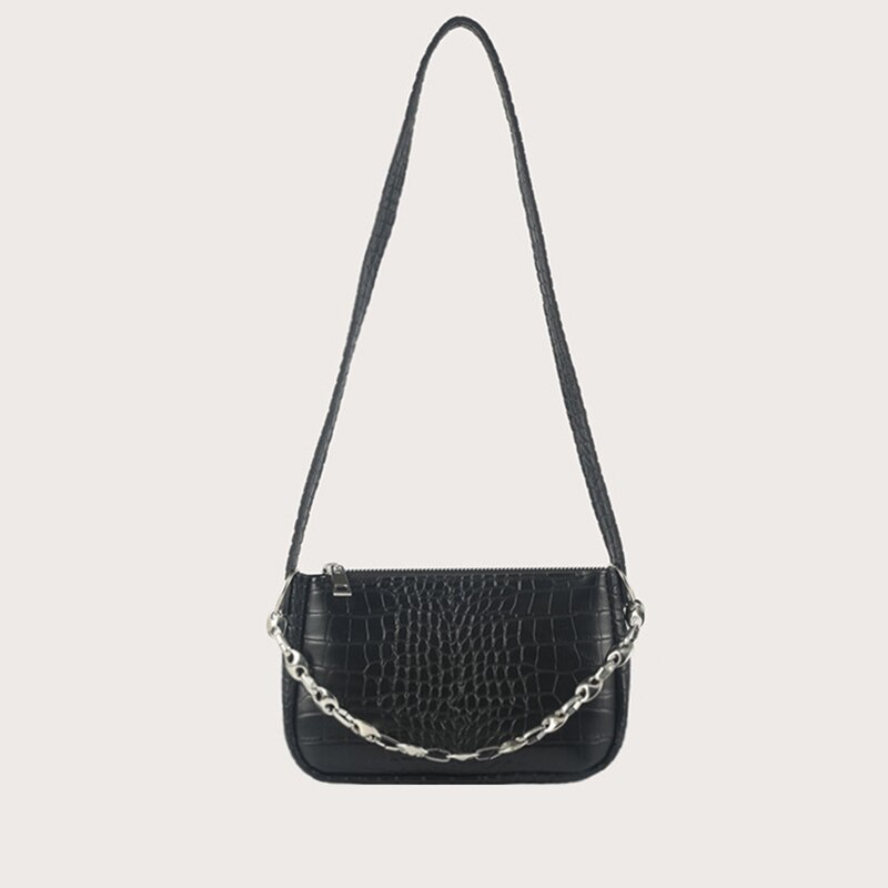 Bolso pequeño de piel sintética con estampado de cocodrilo para mujer, bandolera de cuero sintético, con cadena de , de lujo, para viaje,: Negro