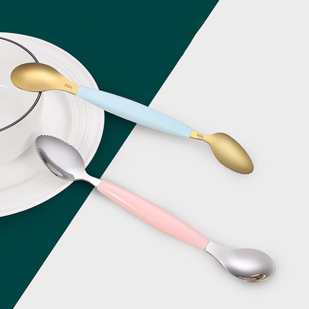 Cuchara de raspado de barro de doble cabeza para niños, multifuncional, de acero inoxidable, procesador de alimentos para bebé, barro para raspar fruta para Cocina