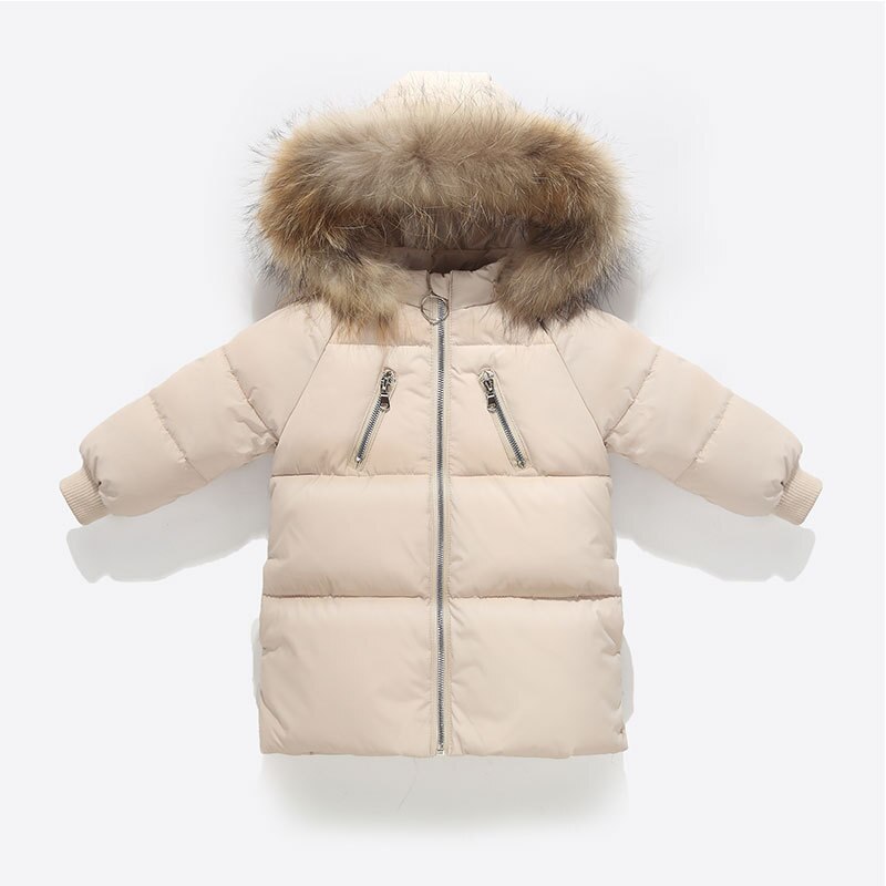 Pojkar flickor vinter vit dunjacka barn tjock pälskrage jacka flickor varm kappa för kall vinter barn spädbarn kappa huva: Beige / 6