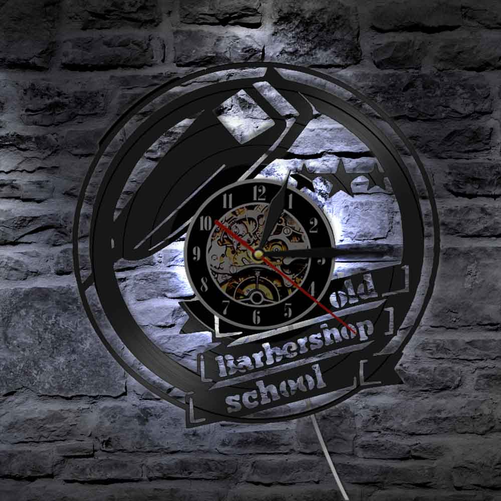 Vintage 12 "vieux Barbershop école vinyle horloge murale LED rétro-éclairage coiffure noir horloge suspendue idée Unique pour salon de coiffure décor