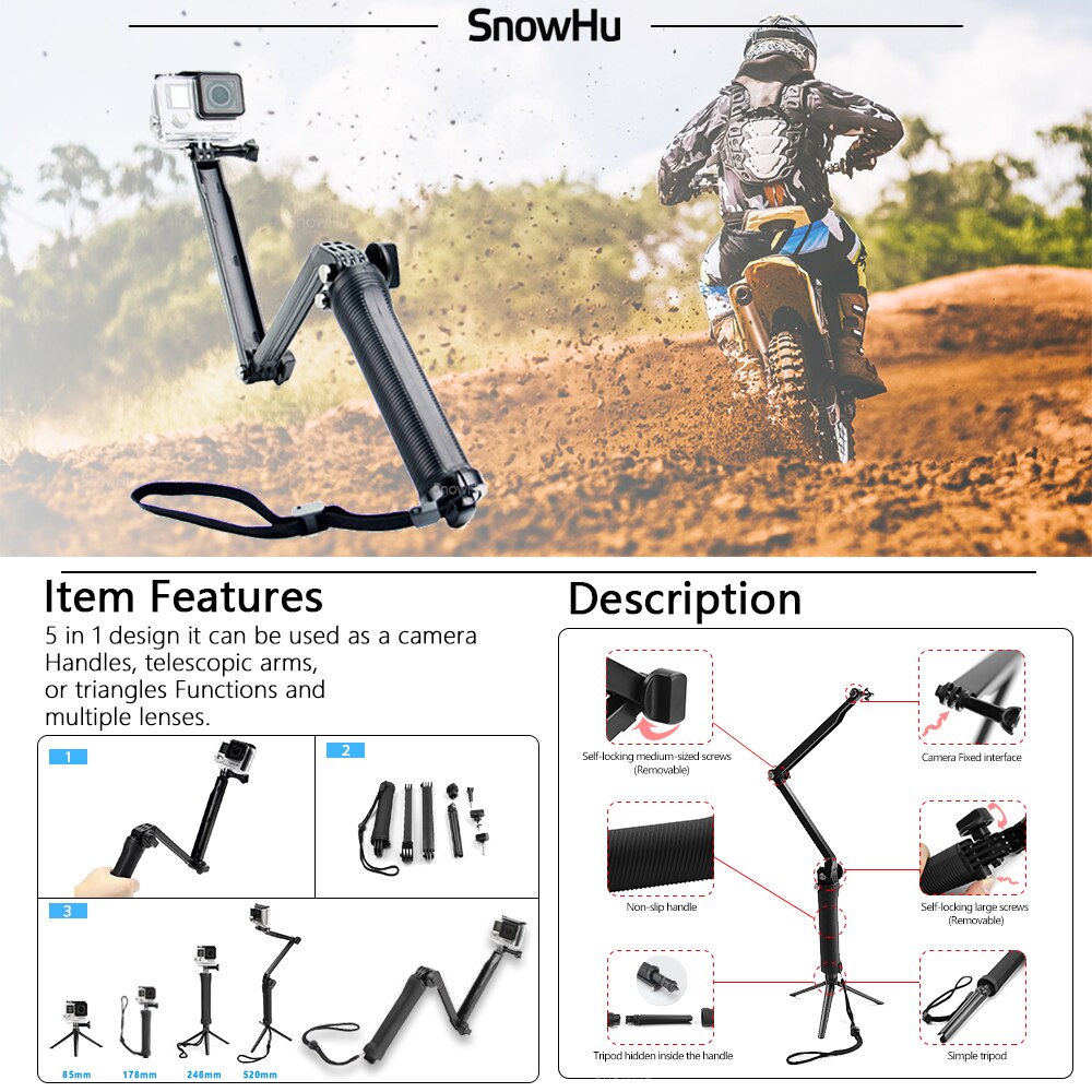 Snowhu action kamera selfie stick vandtæt 3- vejs greb stativ teleskopisk udtrækbar stang håndholdt kamera stativ selfie stick