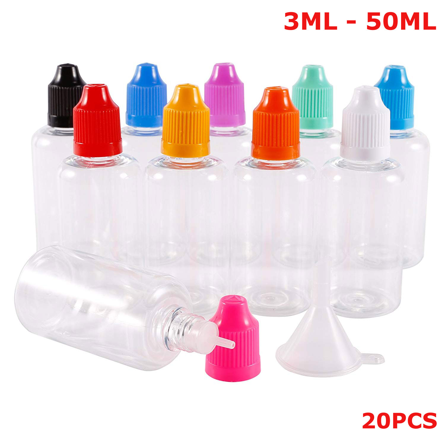 20PCS 3ML-50ML PET Clear Dropper Bottles Empty Plastic Juice Eye Liquid Refillable Transparent Containers with Caps Dropper Tip