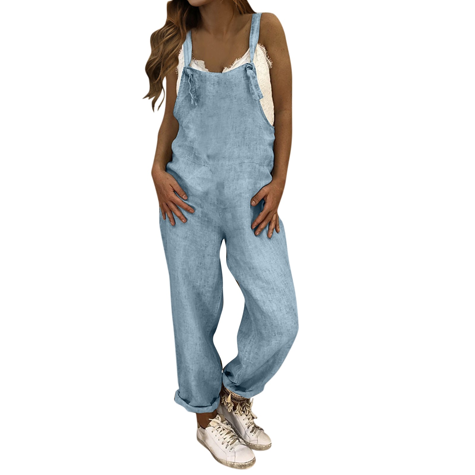 Jumpsuit plus size ensfarvede vide ben kvinder jumpsuit sommer afslappet løs ærmeløs lommer hagesmækken overalls sparkedragter: Xl / Himmelblå