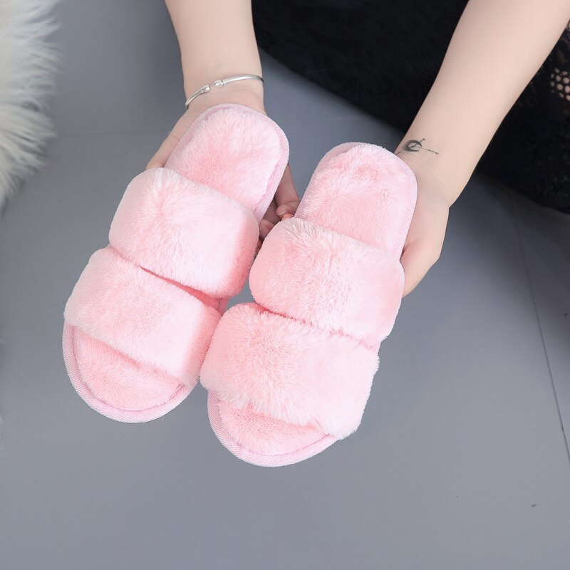 Femmes moelleux hiver pantoufles solide croix en peluche bout ouvert diapositives doux plat femme chaussures fausse fourrure pantoufle maison chaussures: Rose / 36-37