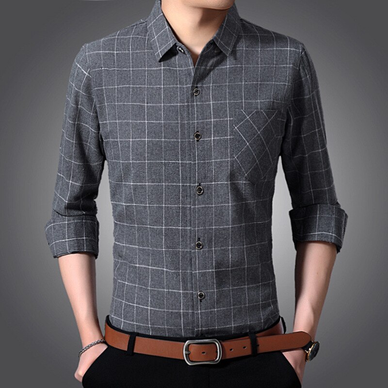 Jbersee Spring Autumn Men Dress Shirt Long Sleeve Black Shirt Korean Clothes Slim Fit Plaid Casual Shirts Mens Clothing: gray / L