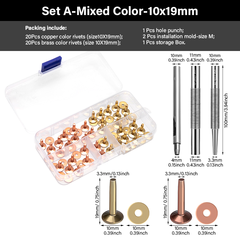 WUTA 43 Pcs Pure Copper Rivets and Burrs,4 Sizes Set Solid Brass Studs Setting Tool for Belts Wallets Collars Leather DIY Craft: Antique Brass