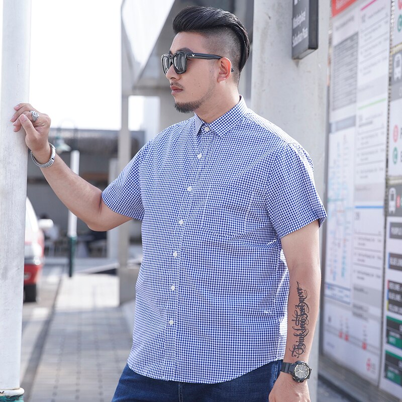 10XL big size Summer Men's leisure boutique cotton short sleeve shirt lattice Male lapel embroidery casual shirts