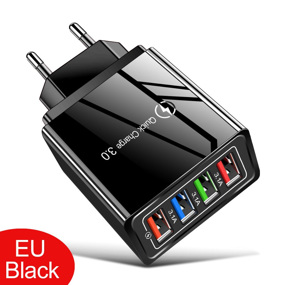 3A 4 USB Color Phone Wall Charger UK Plug AC 100-240V Fast Charging Phone Charger For Xiaomi Samsung iPhone X XR XS 11 11ProMAX: All Black EU Plug