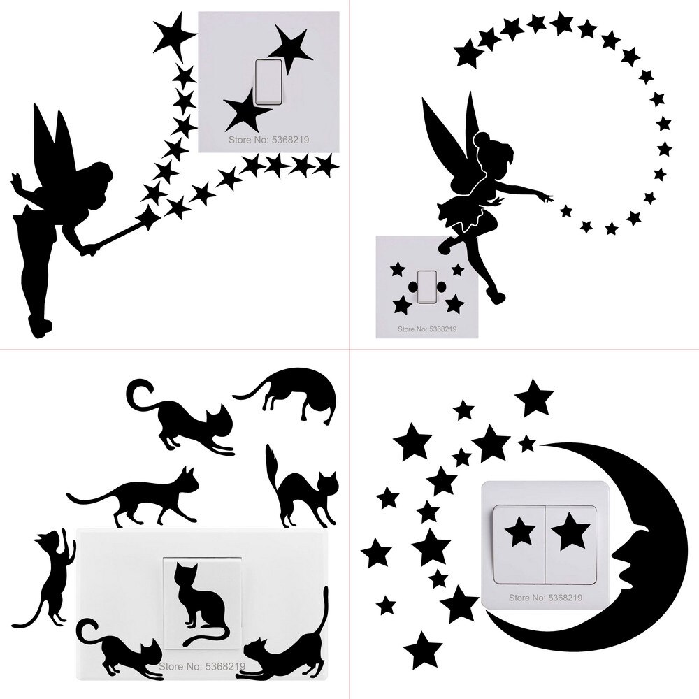 Light Switch Sticker Kids Baby Nursery Room DIY Wall Decoration Cat Fairy Moon Stars Vinyl Decal for Children Bedroom Home Decor