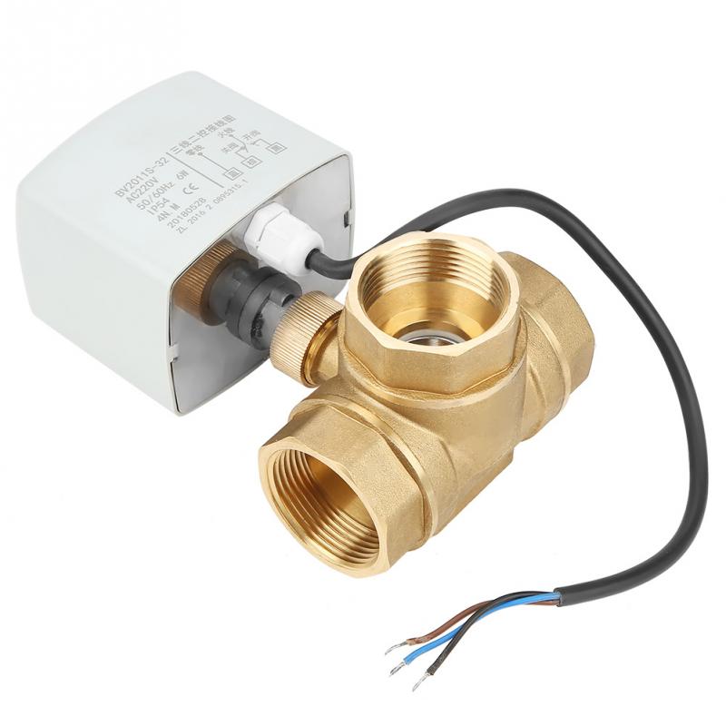 DN32 Ball Valve G1-1/4 Brass 3 Way Motorized Ball Electrical Valve for Air Conditioner AC220V actuator de-energize valve