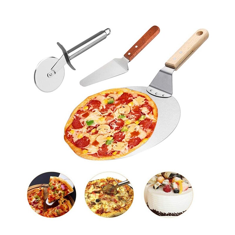 Pizza Schil 10 Inch, 3 Pcs Houten Handvat Wiel Cutter Transfer Schop Baker Gereedschap Voor Bakken Pizza En Cake Op Oven & Gril