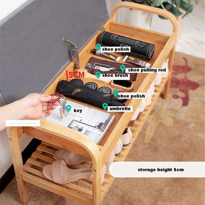 ND190508 Living Room Double Deck Wood Shoe Storage Cabinet Doorway Wood Shoe Rack Modern Fabric Shoes Trying Stool